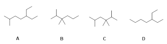 <p><span><span>Which structure below is 2,3,3-trimethylhexane?</span></span></p><p><span><span>A) A</span></span><br><span><span>B) B</span></span><br><span><span>C) C</span></span><br><span><span>D) D</span></span></p>