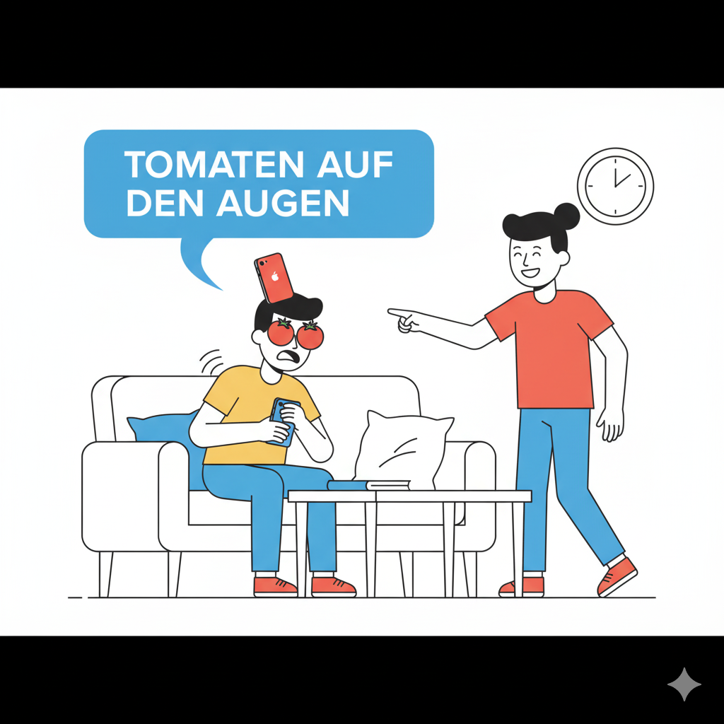 <p><strong>Alex:</strong> Wo ist mein Handy? Ich kann es einfach nicht finden! <strong>(Where is my phone? I just can't find it!)</strong></p><p><strong>Ben:</strong> Alex, du hältst es in deiner Hand. <strong>(Alex, you're holding it in your hand.)</strong></p><p><strong>Alex:</strong> Oh.</p><p><strong>Ben:</strong> <strong>Hast du Tomaten auf den Augen?</strong> <strong>(Are you blind?)</strong></p>