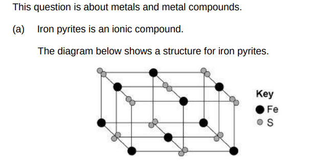<p>Determine the formula of iron pyrites. Use the diagram above.(1)</p>