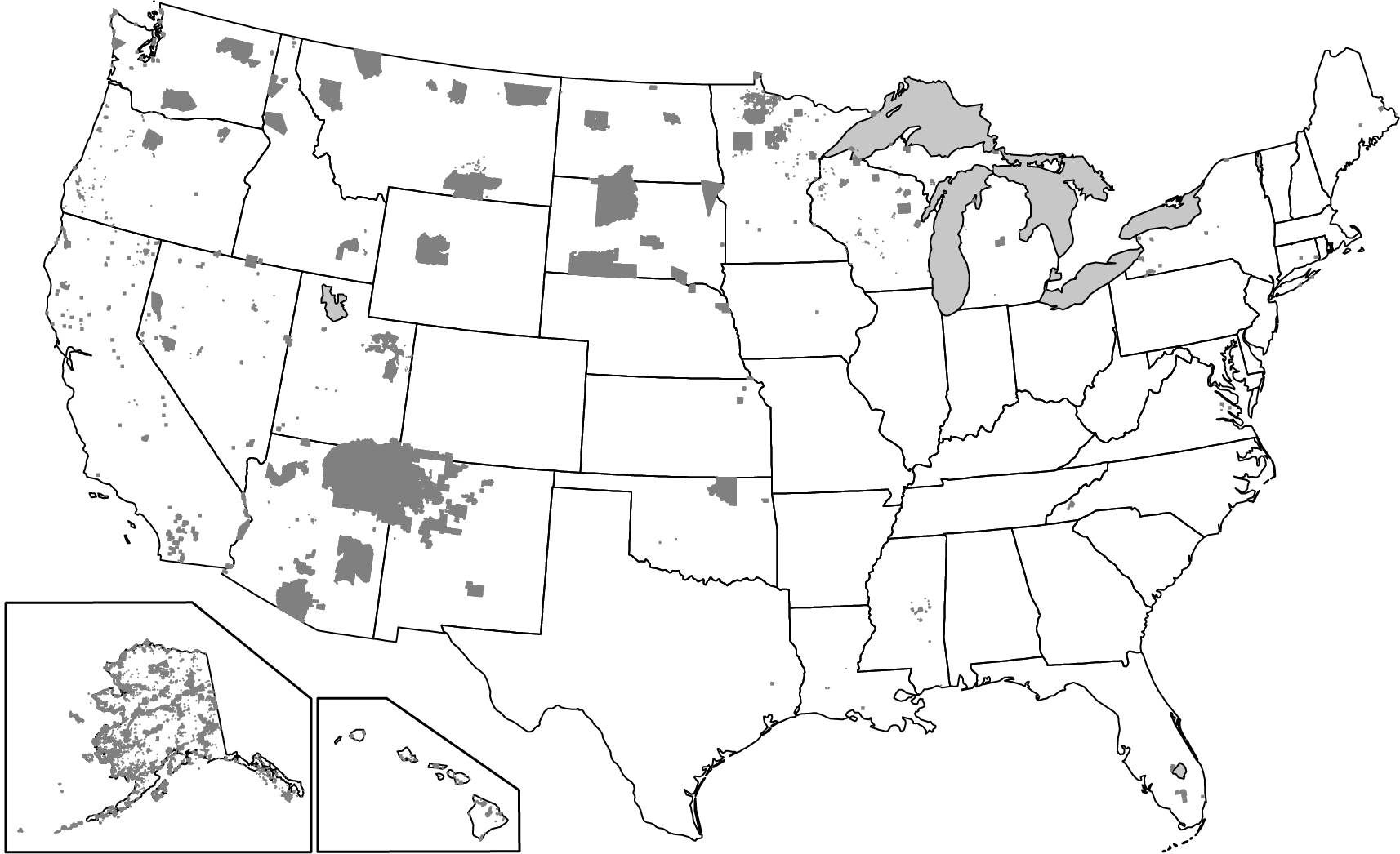<p><strong>AMERICAN INDIAN RESERVATIONS, ALASKAN NATIVE CORPORATION LANDS, HAWAIIAN HOME LANDS</strong></p><p><br><span>Which of the following best explains the governance of the shaded areas shown on the map?</span></p>