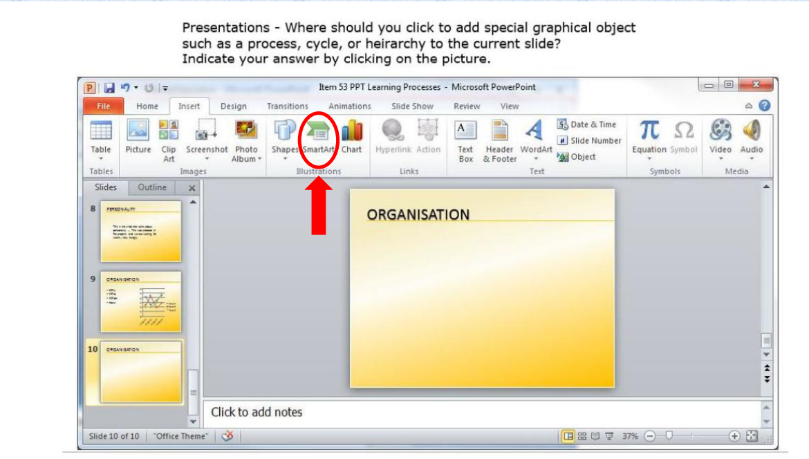 <p><span>Click the "SmartArt" button located on the "Insert" tab in your presentation software.</span></p>