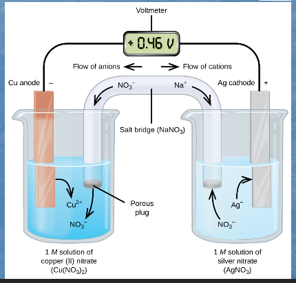 <ul><li><p>Here the redox reaction has been physically separated into two half-cells, each corresponding to one half-reaction.</p></li><li><p>The flow of electrons from the anode to the cathode produces _____.</p></li></ul><p></p>