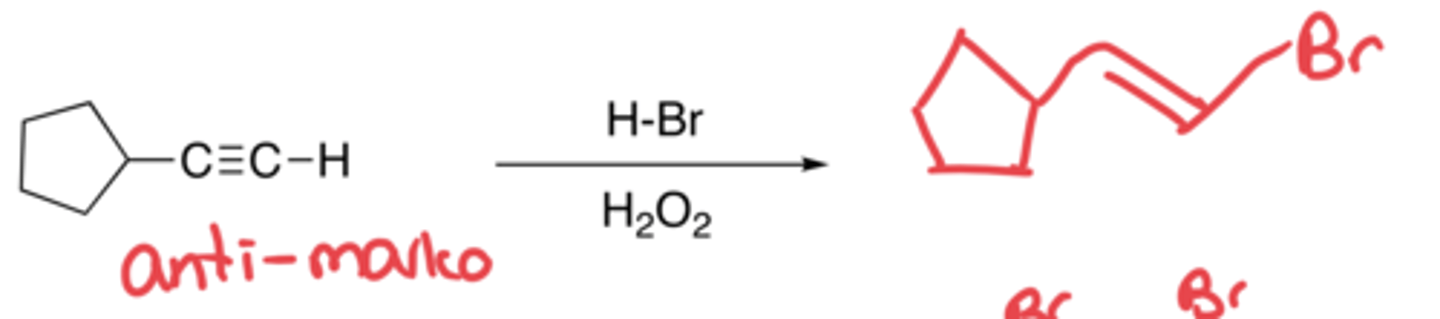 <p>- Addition of Br and H with the use of free radicals</p><p>- Anti-markovnikov, no carbocation</p>