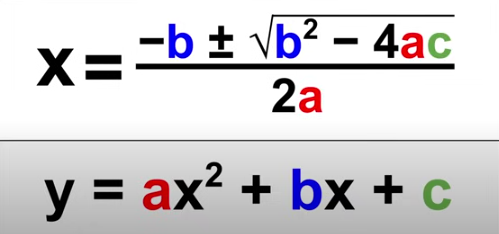 <p>x = (-b±sqrt(b²-4ac))/2a<br>y = ax²+bx+c</p>