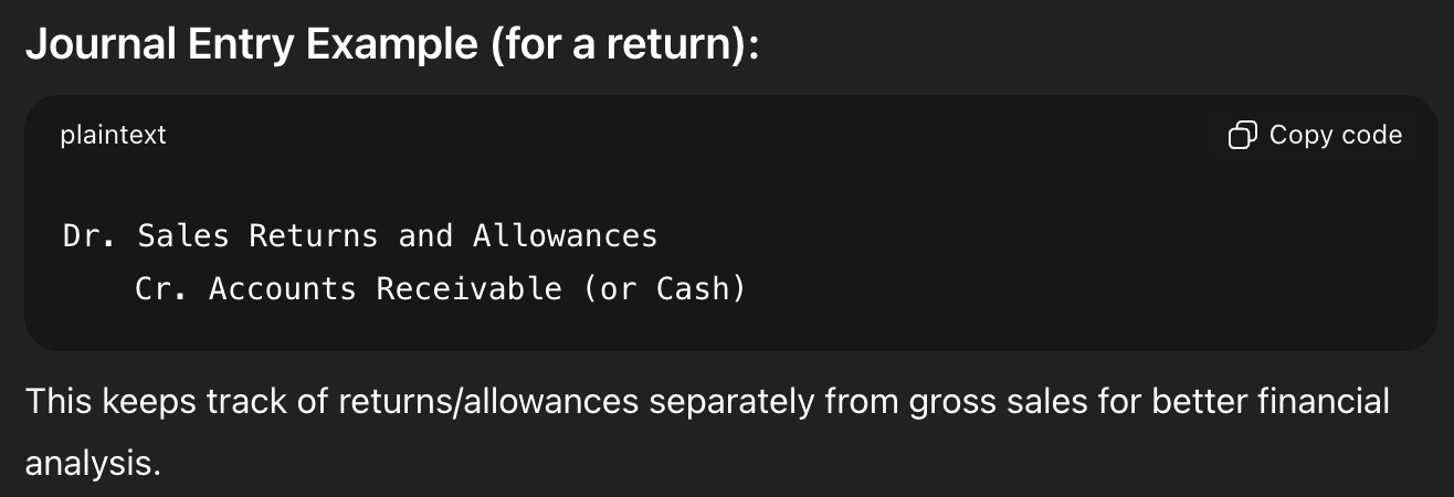 <p>Sales Return: When customer returns goods they previously purchased </p><p>Sales Allowances: When customers leep the goods but receive a partial refund due to defects, errors, or other issues </p><p></p>