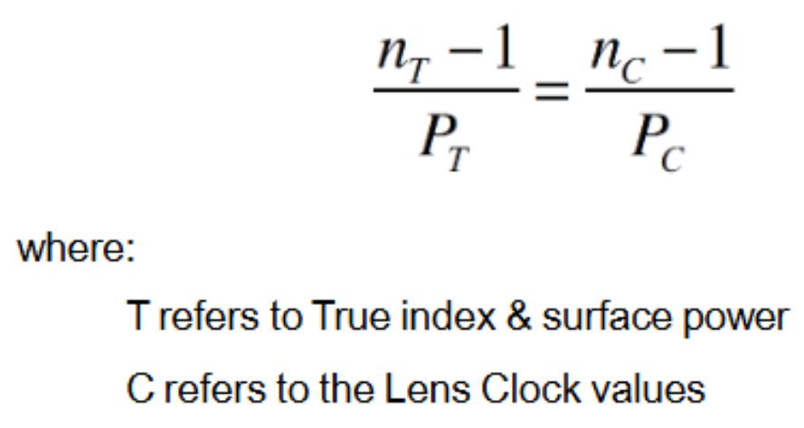 <p>solve for r=(n’-n)/P where n’ is lens clock, then plug the true r into original surface power using true index of lens</p>