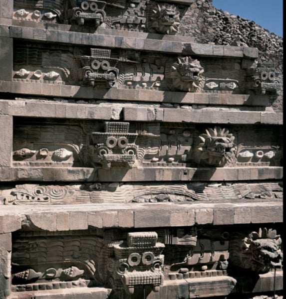 <p>Teotihuacan c 200 CE; Mayan culture; built with pebbles set into mortar with layers of stonework; stone slabs to give it support/structure</p>