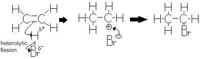 <ul><li><p>HBr is a polar molecule as Br is more electronegative than hydrogen causing a dipole to form.</p></li><li><p>The electron pair in the pi-bond is attracted to the slightly positive hydrogen atom causing the C=C bond to break.</p></li><li><p>A new bond forms between a carbon atom and the hydrogen atom</p></li><li><p>H-Br bond breaks by heterolytic fission with the electron pair going to the Br</p></li><li><p>Bromide ion and carbocation are formed </p></li><li><p>The +vely charge carbocation attracts the Br- ion to form the product</p></li></ul>
