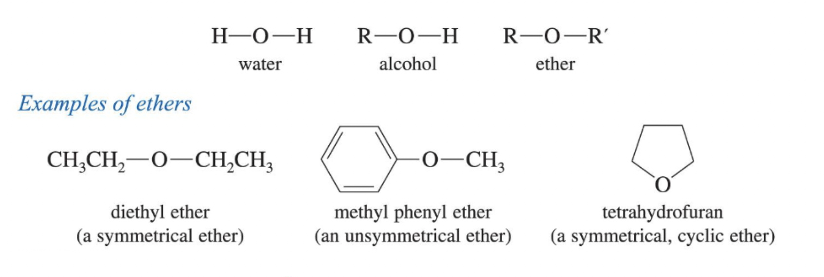 <p>An R–O–R′ compound in which oxygen is bonded to two carbon atoms; lacks O–H bond and cannot hydrogen-bond as a donor.</p><p></p>