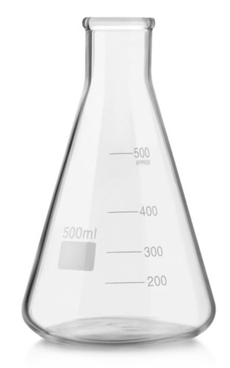 <p>a flat bottom, a conical body, and a cylindrical neck. Its function is to hold, mix, and heat liquids</p>