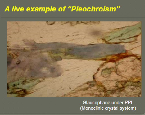 <p>-Isotropic minerals: generally no Pleochroism</p><p>-isometric minerals</p><p>Anisotropic minerals: may or may not have pleochroism (weak or strong), color changes as stage is rotated</p>