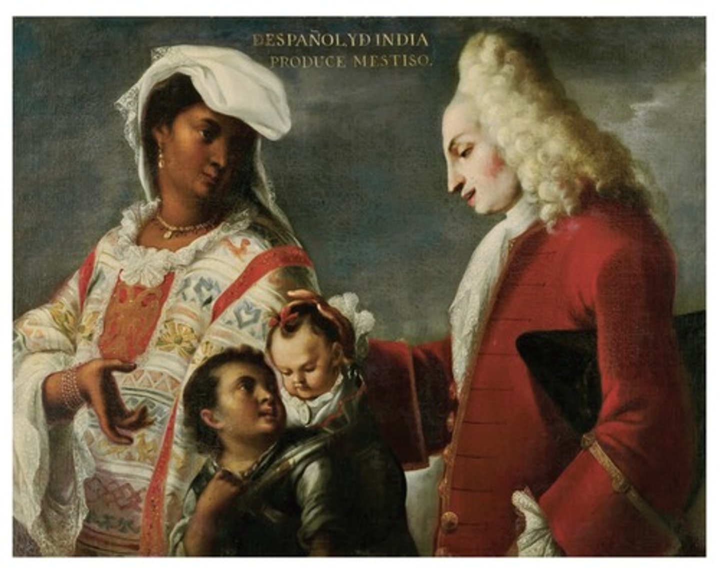 <p>The painting Spaniard and Indian Produce a Mestizo fuses elements of traditional European painting and its colonial context through its</p><p>A</p><p>rendering of local subjects through individualized portraiture</p><p>B</p><p>depiction of a historic incident known through engravings</p><p>C</p><p>use of oil painting to agitate for New World political autonomy</p><p>D</p><p>combination of symbolic gestures and indigenous textiles</p>