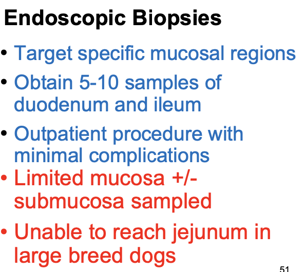 <p>-target specific mucosal regions</p><p>-obtain 5-10 samples of duodenum and ileum</p><p>-outpatient procedure with minimal complications</p>
