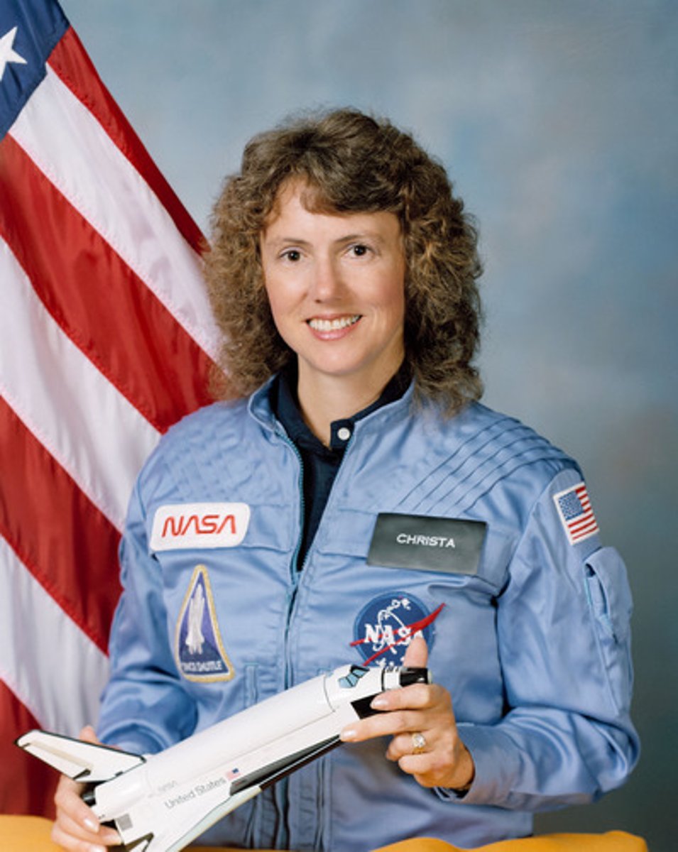 <p>This teacher was selected from over 10,000 applicants to be the first private citizen in space. She died during the launch of the Challenger on January 28, 1986, in a catastrophe that was broadcast live.</p>
