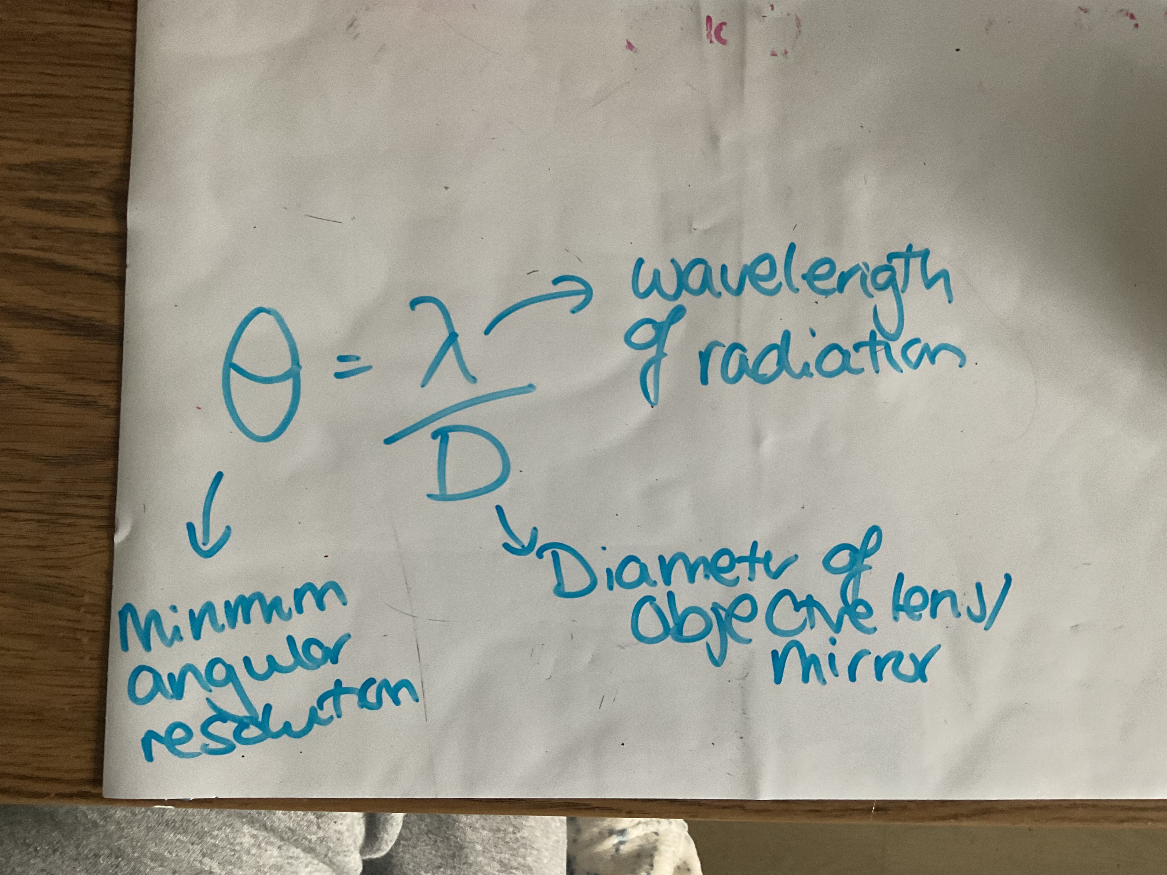 <p>Collecting power, which is a measure of the ability of a lens or a mirror to collect Incident EM radiation. The collecting power increases with the size of the objective line/mirror it is directly proportional to the area of the lens and collecting power is proportional to the object diameter squared</p><p>Resolving power, which is the ability of a telescope to reduce separate images of close together objects. For an image to be resolved an angle between the straight lines from Earth to each object must be at least the minimum angular resolution where the angle is in radians.</p>