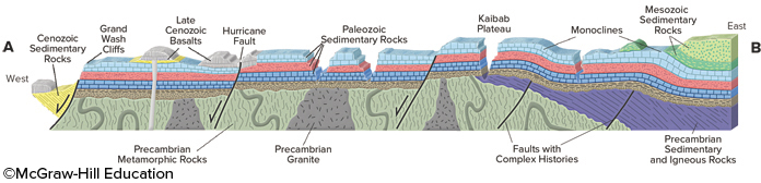 From this cross section of the Grand Canyon, what is the boundary between the various Precambrian rocks and the Paleozoic sedimentary units?