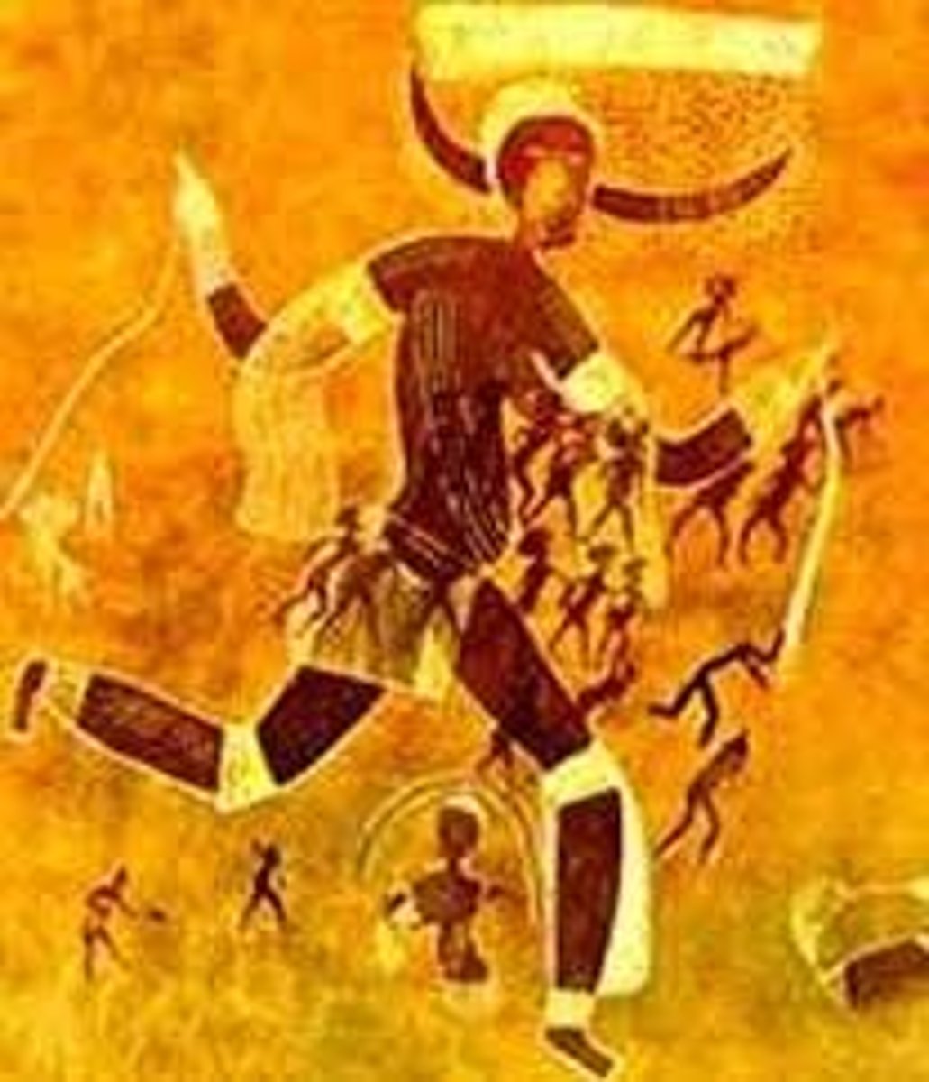 <p>-era: 6000-4000 BCE</p><p>-from: Tassili n' Ajjer, Algeria (Africa)</p><p>-made from: pigment (likely ochre) on rock (a cave painting)</p><p>-from Sahara range of Africa, Tassili n’ Ajjer</p><p>-Saharans spent most of time herding animals (hunting had to move into herding: gathering limited animal supply together)</p><p>-art: powerful female, larger than people in background (but may be because Running Horned Woman painted over previous, unrelated painting involving these proportionally smaller people), body painted with horns (likely involved in ritual with purpose of bringing animals to these people)</p><p>^ indicates importance of survival to these people</p><p>-her horns are painted frontal, while her body is painted profile view: mixed perspective/twisted perspective to show all the important parts of the woman</p><p>-not a very typical depiction of woman during this time: she doesn't have big breasts/hips/belly: not trying to emphasize fertility here</p>