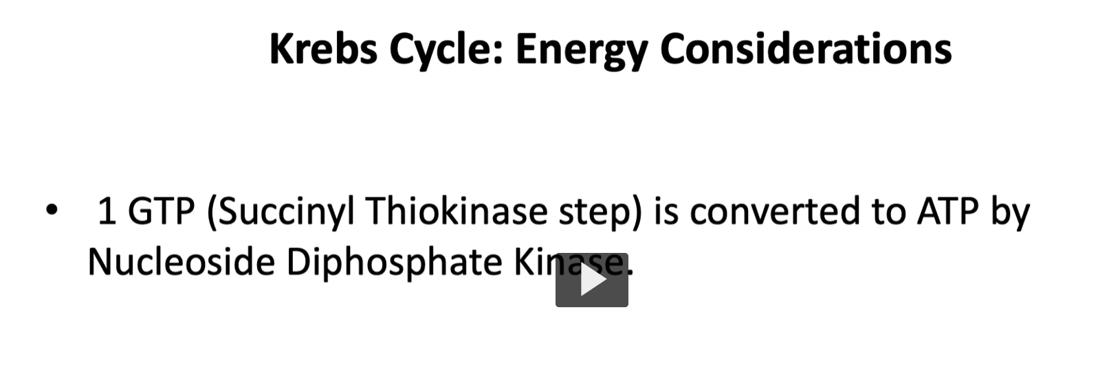 <p>in addition, and as mentioned in the last diagram, remember that 1 GTP is converted to ATP by nucleoside diphosphate kinase. ( <span>GTP+ADP→GDP+ATP). </span></p><p>What GTP is </p><p>GTP is very similar to ATP.</p><p>Both contain:</p><ul><li><p>a nucleotide</p></li><li><p>three phosphate groups</p></li><li><p>stored chemical energy</p></li></ul><p>The only difference is the base:</p><table style="min-width: 50px;"><colgroup><col style="min-width: 25px;"><col style="min-width: 25px;"></colgroup><tbody><tr><th colspan="1" rowspan="1"><p>Molecule</p></th><th colspan="1" rowspan="1"><p>Base</p></th></tr><tr><td colspan="1" rowspan="1"><p>ATP</p></td><td colspan="1" rowspan="1"><p>Adenine</p></td></tr><tr><td colspan="1" rowspan="1"><p>GTP</p></td><td colspan="1" rowspan="1"><p>Guanine</p></td></tr></tbody></table><p>Both can <strong>store and transfer energy</strong>.</p><p>3. What nucleoside diphosphate kinase does </p><p>The enzyme <strong>nucleoside diphosphate kinase</strong> transfers a phosphate group.</p><p>Reaction:</p><p> <span>GTP+ADP→GDP+ATP</span></p><p>What happens:</p><ul><li><p>GTP <strong>donates one phosphate</strong></p></li><li><p>ADP <strong>receives that phosphate</strong></p></li><li><p>ATP is formed</p></li></ul><p></p>