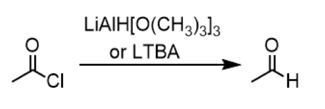 <ul><li><p>reagents: LiAlH[O(CH<sub>3</sub>)<sub>3</sub>]<sub>3</sub> or LTBA </p><p></p></li></ul><p></p>