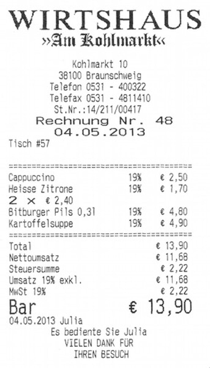 <p>die Quittung, -en</p>