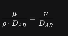 <p><strong>Definition:</strong> The ratio of momentum diffusivity (kinematic viscosity) to mass diffusivity. It compares how fast velocity "spreads" versus how fast molecules "spread."</p><p><strong>Utility:</strong> * Relates the thickness of the <strong>hydrodynamic boundary layer</strong> to the <strong>concentration boundary layer</strong>.</p><ul><li><p>It is a property of the fluid and the diffusing species (independent of flow velocity)</p></li></ul><p></p>