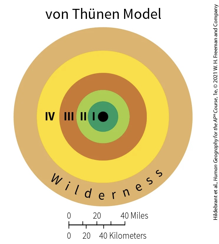 <p>What agricultural products are produced at each ring in the Von Thünen Model and why?</p>