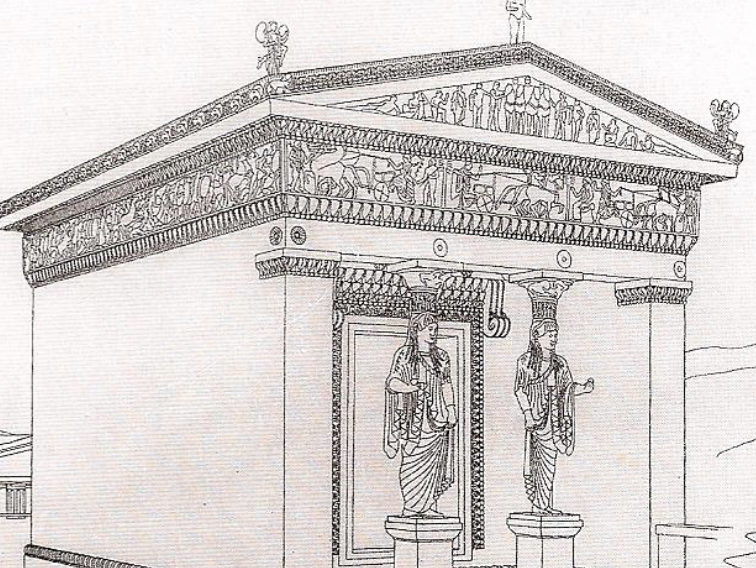 <ul><li><p>Archaic Greek</p></li><li><p>Delphi</p></li><li><p>marble</p></li><li><p>rich pedimental sculpture </p></li><li><p>twisted perspectives</p></li><li><p> </p></li><li><p>center of pediment shows two combatants (right=Hercules → hero of greek myth, left=Apollo)</p></li></ul><p></p>