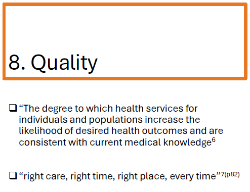 <p>Quality is <strong>"the degree to which health services for individuals and populations increase the likelihood of desired health outcomes and are consistent with current medical knowledge."</strong></p>