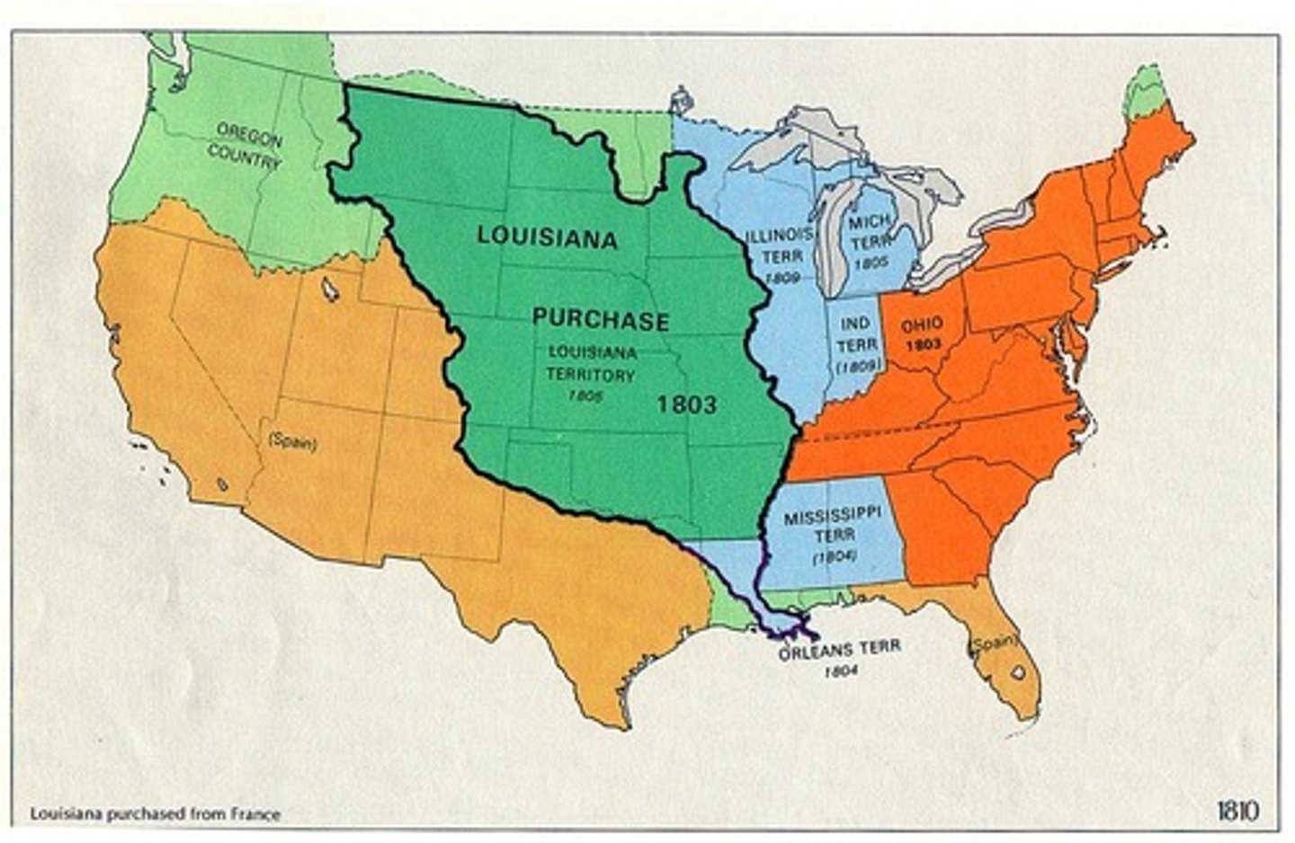 <p>date: 1803</p><p>The Louisiana Purchase was the acquisition of the territory of Louisiana by the United States from the French First Republic in 1803. In return for fifteen million dollars, or approximately eighteen dollars per square mile, the United States nominally acquired a total of 828,000 sq mi.</p>
