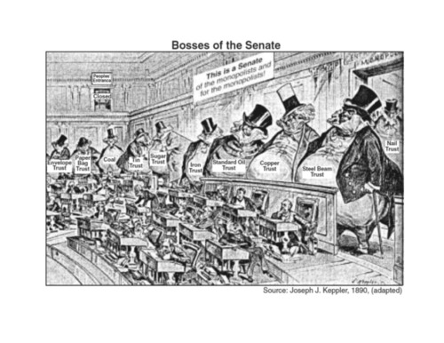 <p>During the Gilded Age, the economy saw a rise in this, often seen as more efficient and could produce products cheaply but also as unfair competition and controlled the government</p>