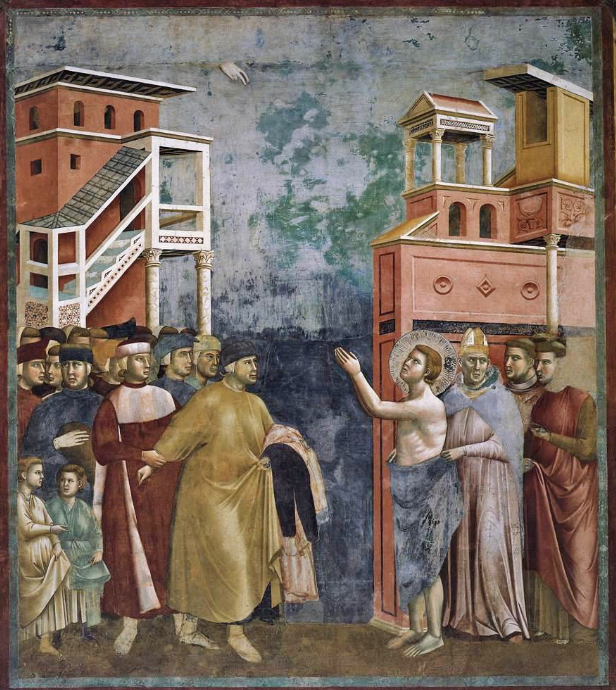 <p>Giotto Fresco, <em>Francis Renounces His Inheritance,</em> Basilica (UPPER) of St. Francis (1295-1301 or 1330)</p>