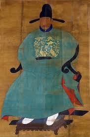 <p>second half of 15th century </p><p>hanging scroll, ink , silk </p><p>looks like Chinese art</p><p>symbols of power → seated, feet off the ground, he’s large and he’s wearing the hat</p><p>peacock embroidery w gold was a way of showing power in China (Chinese influence)</p>