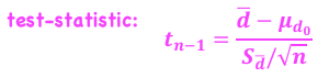 <p>Is the mean difference between two sets of observations 0? </p><p>df = n - 1 </p>