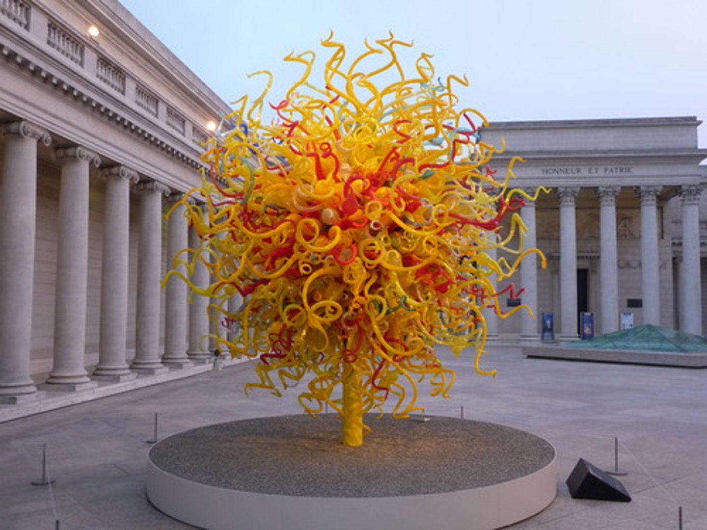 <p>Dale Chihuly</p><p>2006</p><p>Notes: Doesn't make his own work anymore because of a car accident that made him blind in one eye. Glass blowing internship in Venice. Calls his glass sculptures "forms." Mixing of colored glasses.</p><p>Commissioner:</p><p>Original Location: Seattle, Washington? In different locations like Arizona's botanical garden and San Diego Sulk Institute.</p><p>Style: Abstract sculpture. (Minimalist and Post-minimalist sculpture)</p><p>Characteristics: Metal pole with round form that allows glass tubes to be installed.Subject: Large glass structure.</p><p>Function: Craft into high art. Beautiful but fragile. Made to fit into the environment.</p>
