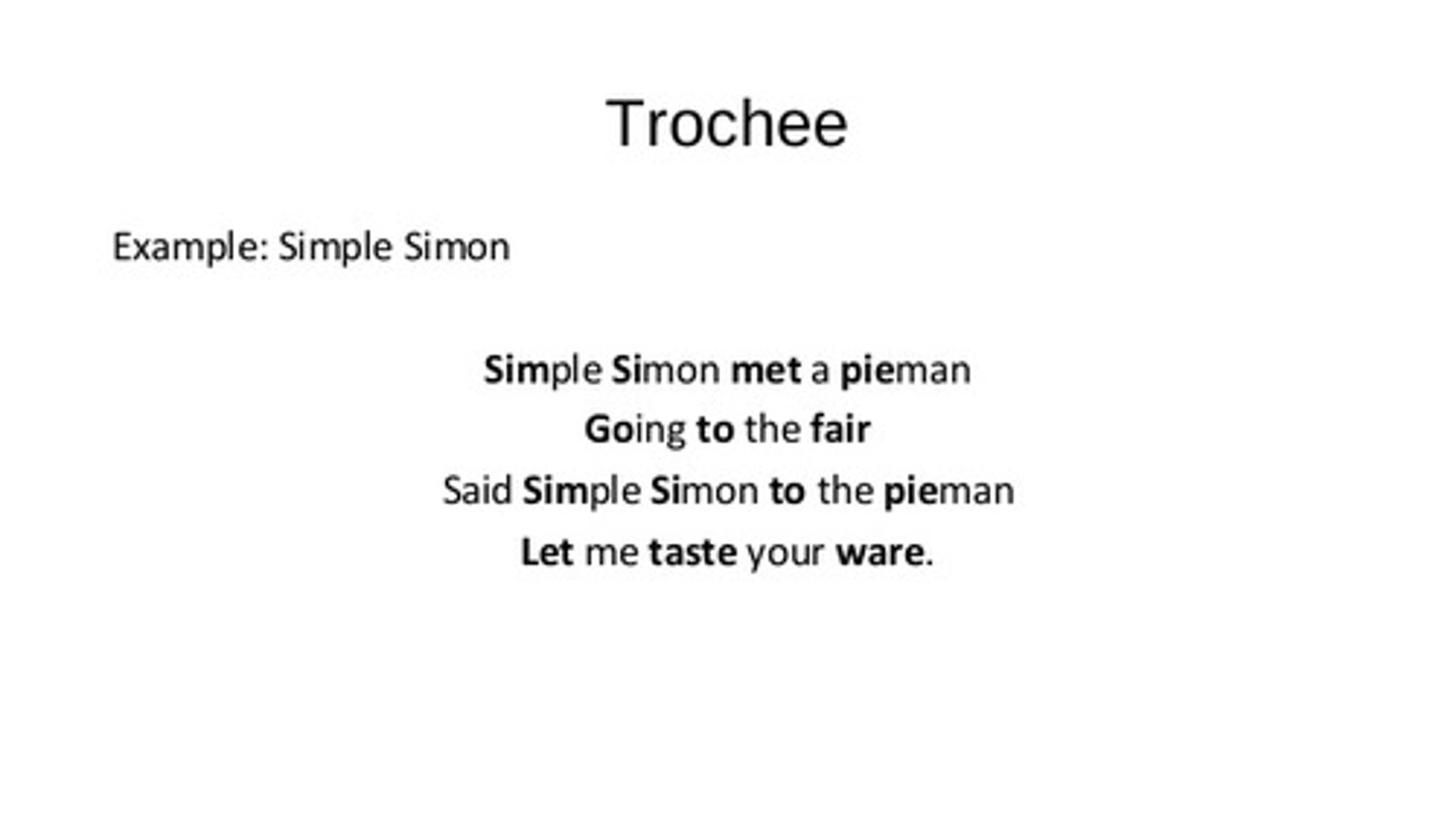<p>A foot made up of a stressed syllable followed by an unstressed syllable. Opposite of Iambic. 2 syllables in a foot.</p>