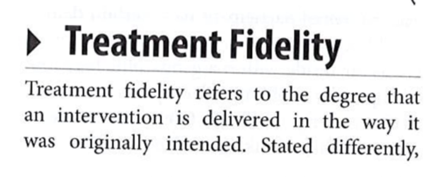 <p>a measure of how closely a psychotherapeutic treatment follows the intended method</p>