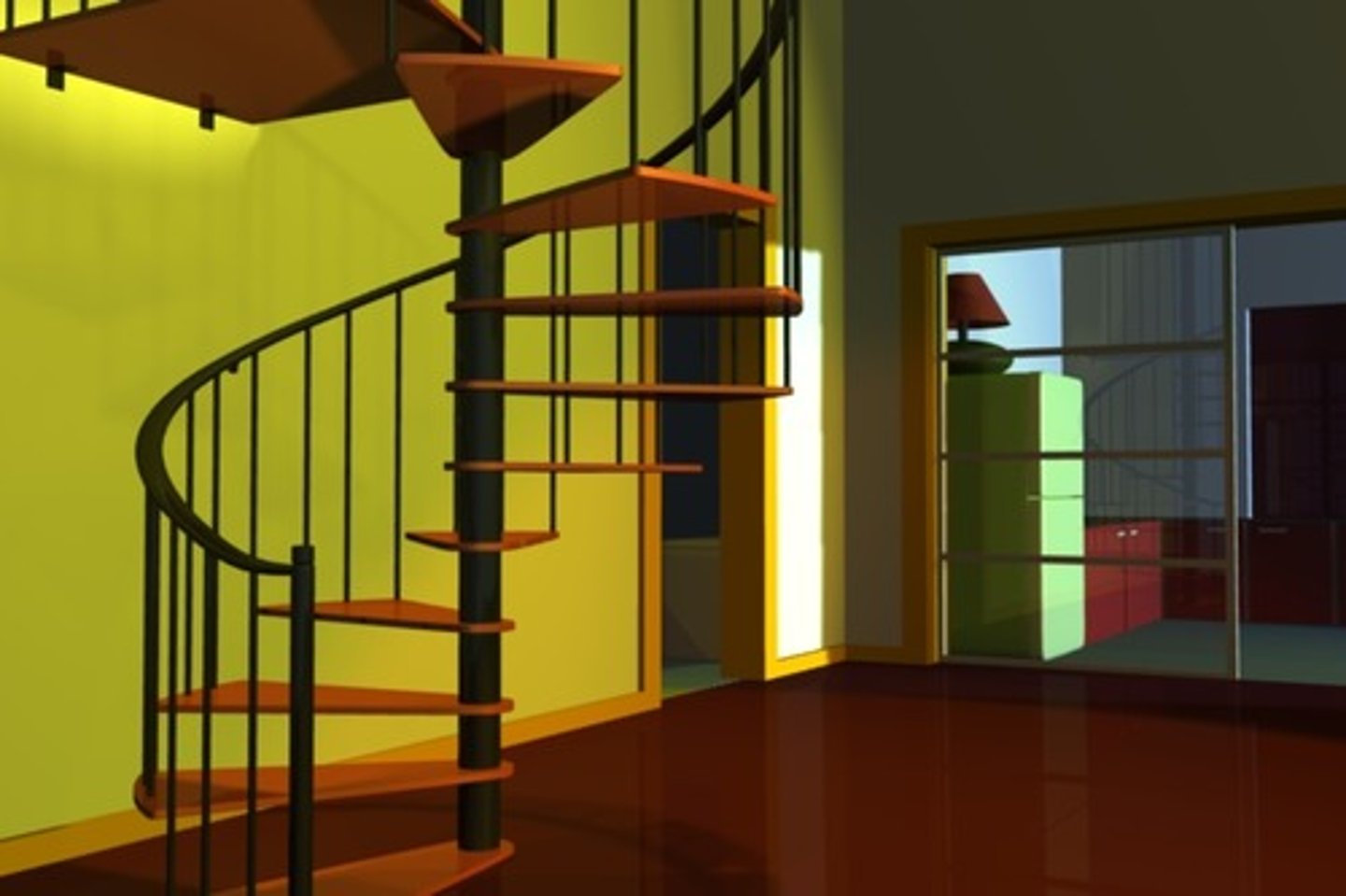 <p>a circular stair having wedge-shaped treads winding around and supported by a central post</p>