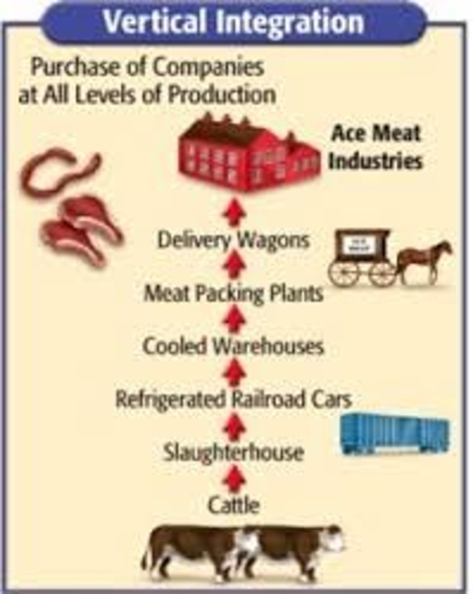 <p>involves a company owning and controlling all aspects of production, from raw materials to distribution<br>(e.g Carnegie Steel)</p>