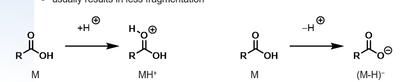 <ul><li><p>soft technique </p></li><li><p>generates ions through protonation to give MH<sup>+</sup> or deprotonation M-H<sup>-</sup> </p></li><li><p>usually results in less fragmentation </p></li></ul><p></p>