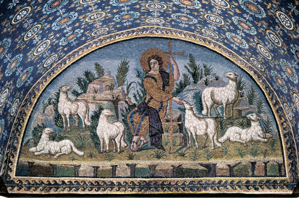 <p><span>Which of the following is not an example of syncretism with Roman imperial conventions shown in this image?</span></p><ul><li><p>the use of the color purple</p></li><li><p>Jesus’ toga-like garment</p></li><li><p>the use of mosaic technique</p></li><li><p>the cross-shape of Jesus’ staff</p></li></ul><p></p>