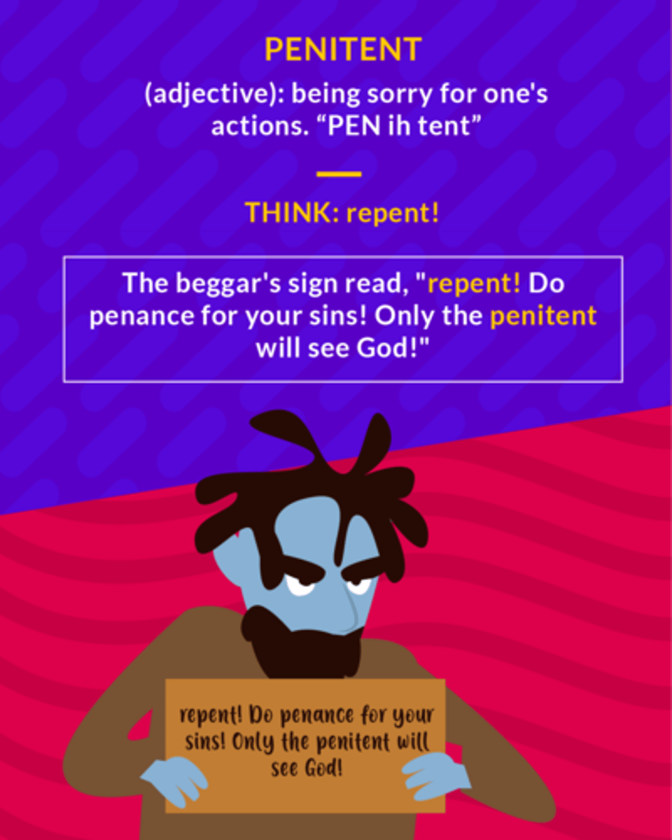 <p>(adj.) regretful for one's sins or mistakes. (n.) one who is sorry for wrongdoing</p><p>(adj.) being sorry for one’s actions</p>