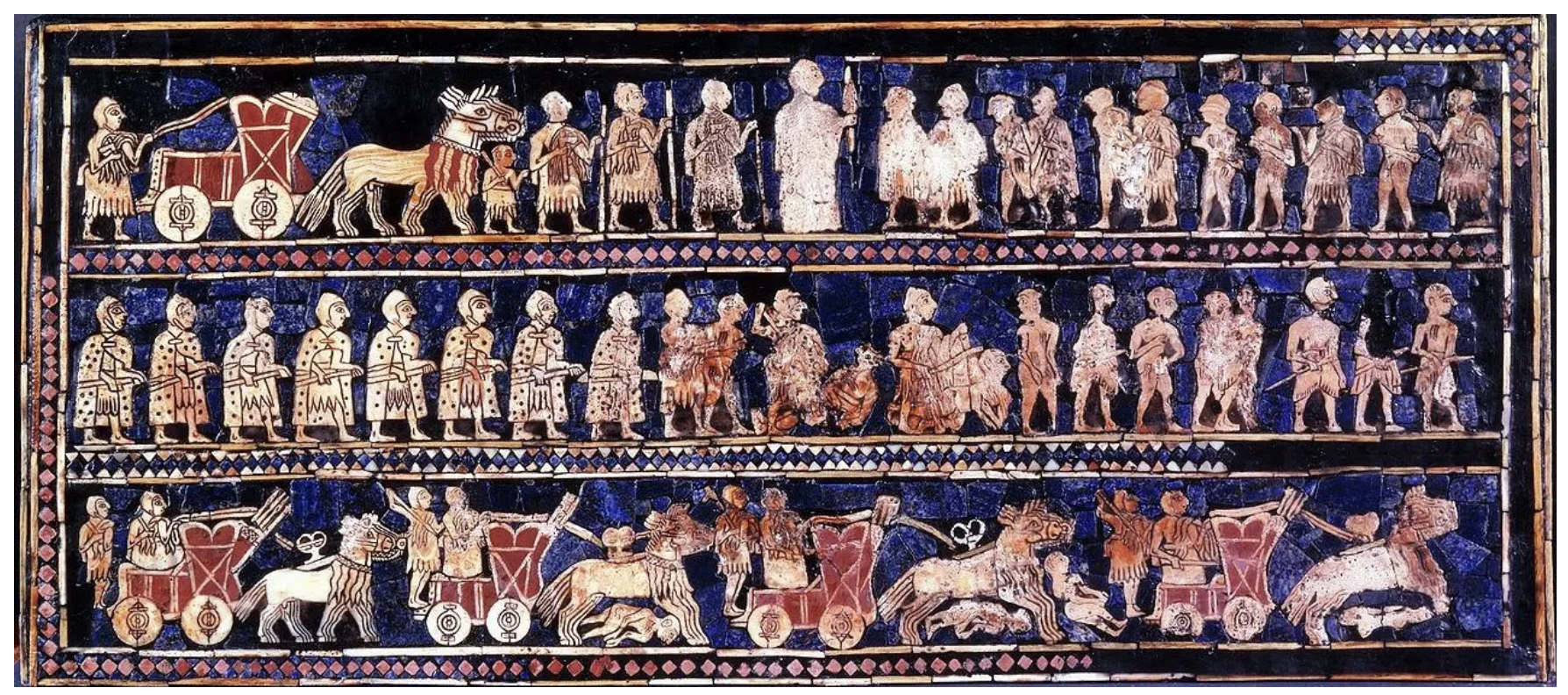 <p>Standard of Ur (from the Royal Tombs at Ur (in modern Tell el-Muqayyar, Iraq))</p><ul><li><p>Sumerian (culture)</p></li><li><p>c. 2600 ~ 2400 BCE</p></li><li><p><span style="color: red">wood inlaid with shell, lapis lazuli, and red limestone</span></p></li></ul><p></p>