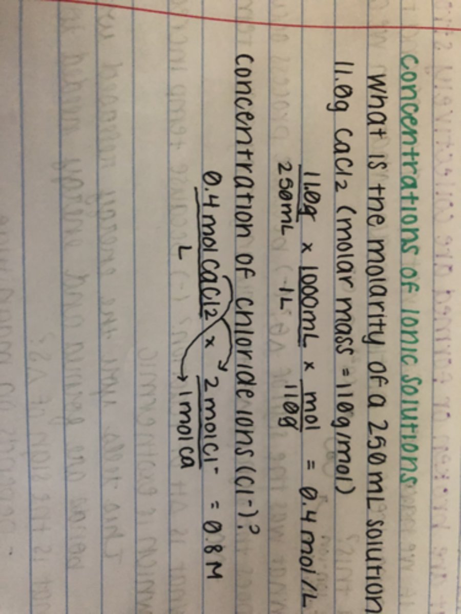 <p>Take the molarity and multiply it by the individual moles given in the name of the compound (ex: CaCl2. The moles in Ca are 1 (because no number by it), and the moles in Cl2 are 2 (because 2 is by Cl2)</p>