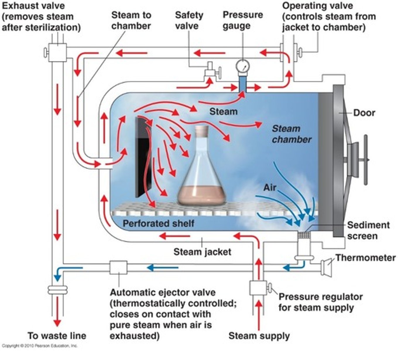 <p>sterilizing.</p><p>steam and pressure at high temps to kill all</p>