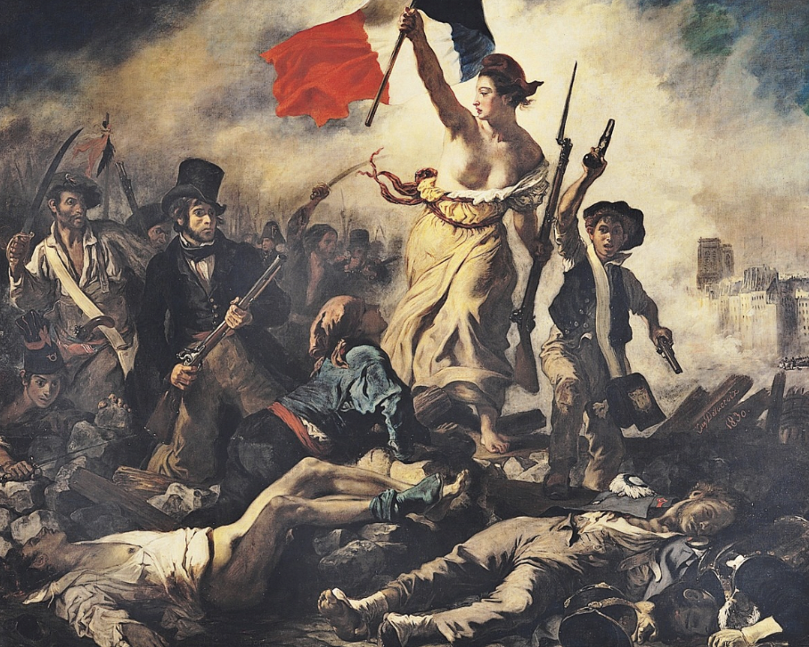 <ul><li><p>Eugene Delacroix</p></li><li><p>notre dame in back</p></li><li><p>July Revolution of 1830</p></li><li><p>dead ppl: french military, vulnerability of the time</p></li><li><p>She leads ppl from all classes (bourgeouise → man in top hat; young student → boy with pistolts)</p></li><li><p>bare breast = antiquity</p></li><li><p>revolutionary</p></li></ul>