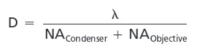 <ul><li><p>“resolving power” also known as “d”, the resolution distance (or just “resolution”), we want this number to be SMALL</p></li><li><p>“wavelength” can be any illumination source </p></li><li><p>the numerical aperture is “a measure of light passing from the object and into the objective to maximize optical claritry and resolution”</p></li></ul><p></p>