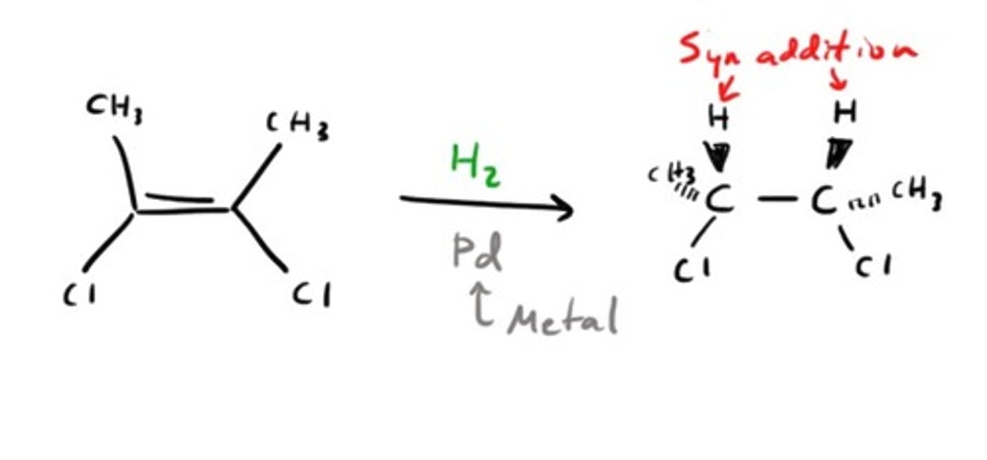 <p>Uses H2 (Pd, Pt, Ni catalysts)<br>No Markovnikov / Anti-Markovnikov<br>Syn addition<br>Results in two hydrogens being added across alkene</p>