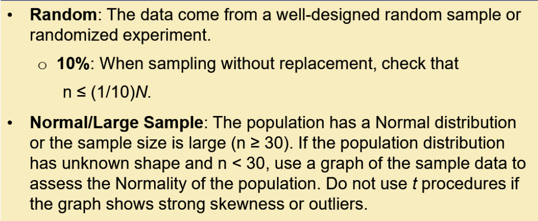 10% not necessary if we aren’t sampling

normal/large sample:


1. is the population distribution normal?
2. is n >= 30?
3. is there any strong skewness or outliers? (sketch a graph)