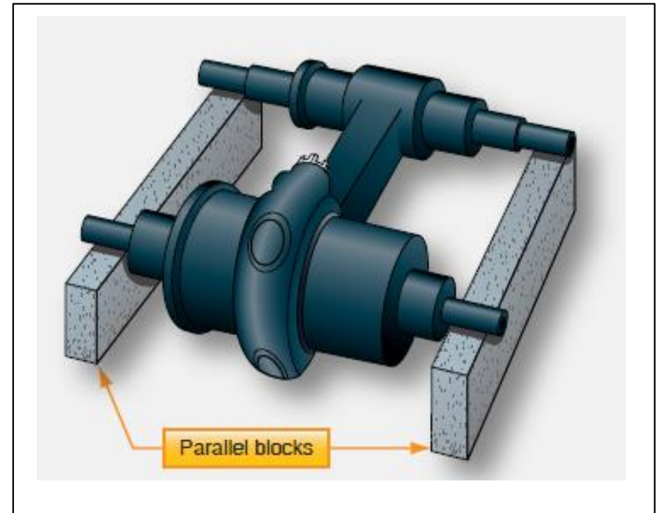 <p>The twist of a connecting rod is checked by installing push-fit arbors in both ends, supported by parallel steel bars on a surface plate. Measurements are taken between the arbor and the parallel bar with a…</p>
