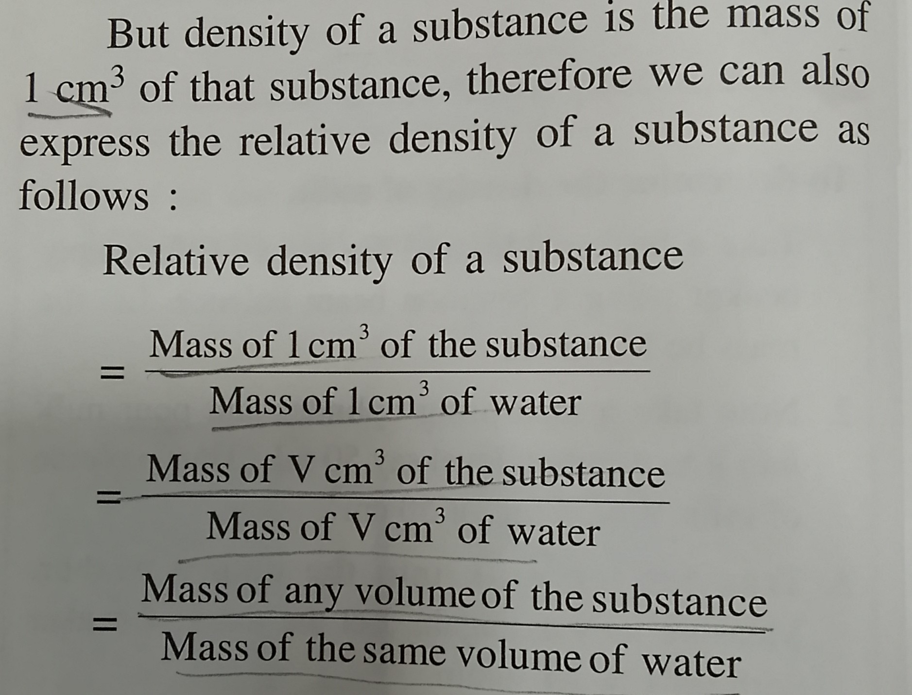 <p>The ratio of the density of a substance to the density of water. Also called R.D. </p><p>R.D= density of a substance / density of water</p><p>It can also be written as </p><p></p>